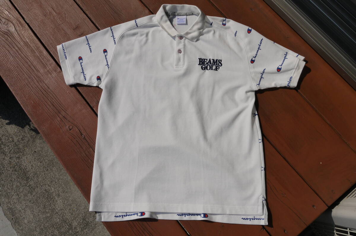 美品!!BEAMSGOLF×Champion ビームスゴルフ×チャンピオン コラボ サイズL 半袖ポロシャツ ホワイト 白色拍卖