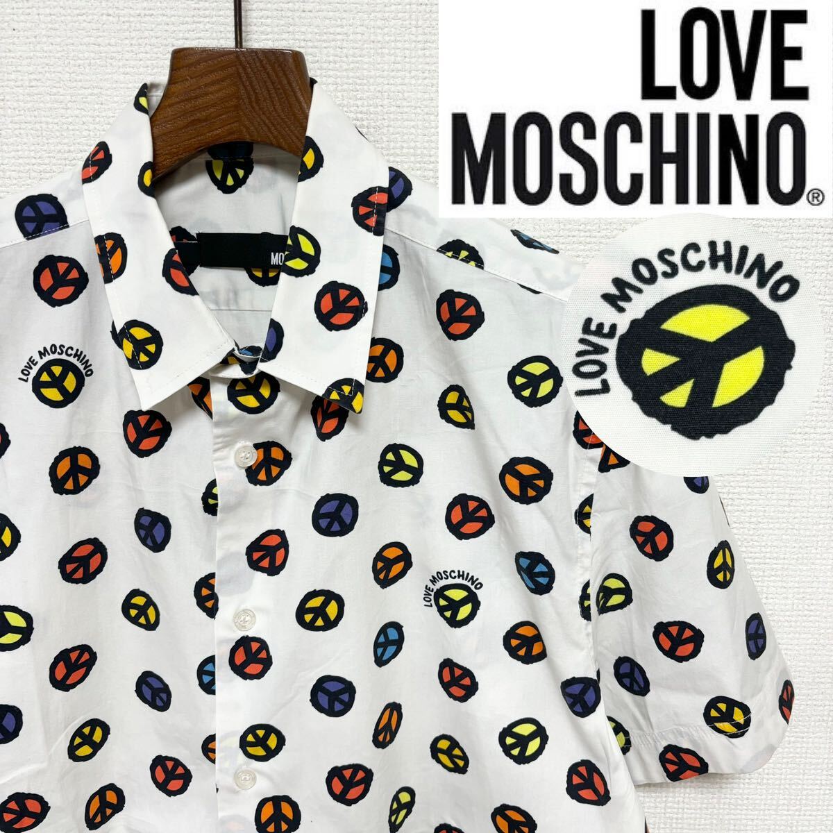 正規■LOVE MOSCHINO モスキーノ■アナーキー ピースマーク シャツ M 白 ホワイト オレンジ ブルー イエロー ストレッチ生地拍卖