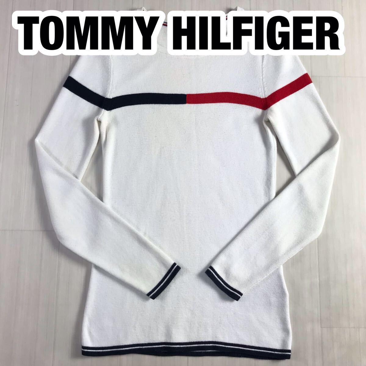 TOMMY HILFIGER トミー ヒルフィガー 長袖ニット XS ホワイト フラッグロゴ ビッグロゴ ティプライン拍卖