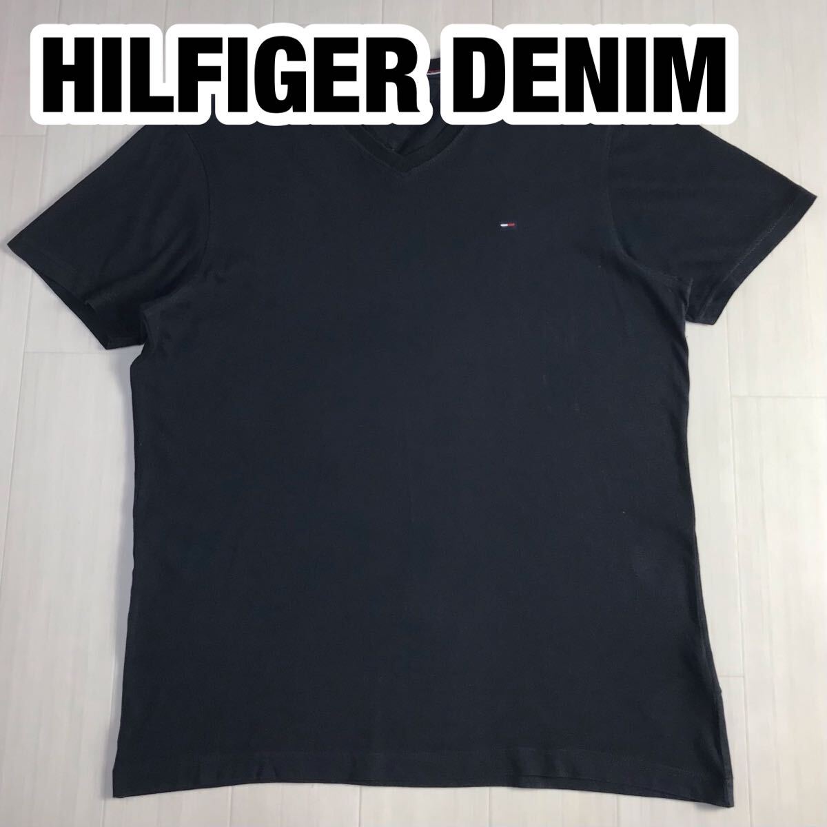 HILFIGER DENIM ヒルフィガーデニム 半袖Tシャツ S ブラック フラッグロゴ 刺繍ロゴ Vネック拍卖