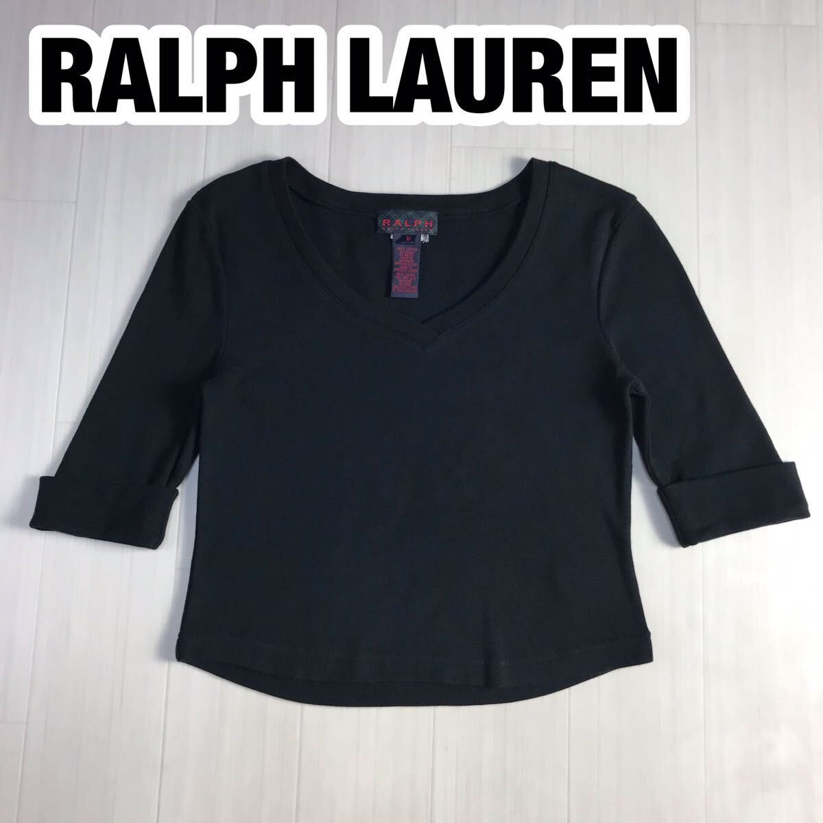 RALPH LAUREN ラルフローレン 五分袖Tシャツ M ブラック バッグ刺繍ロゴ ショート丈拍卖