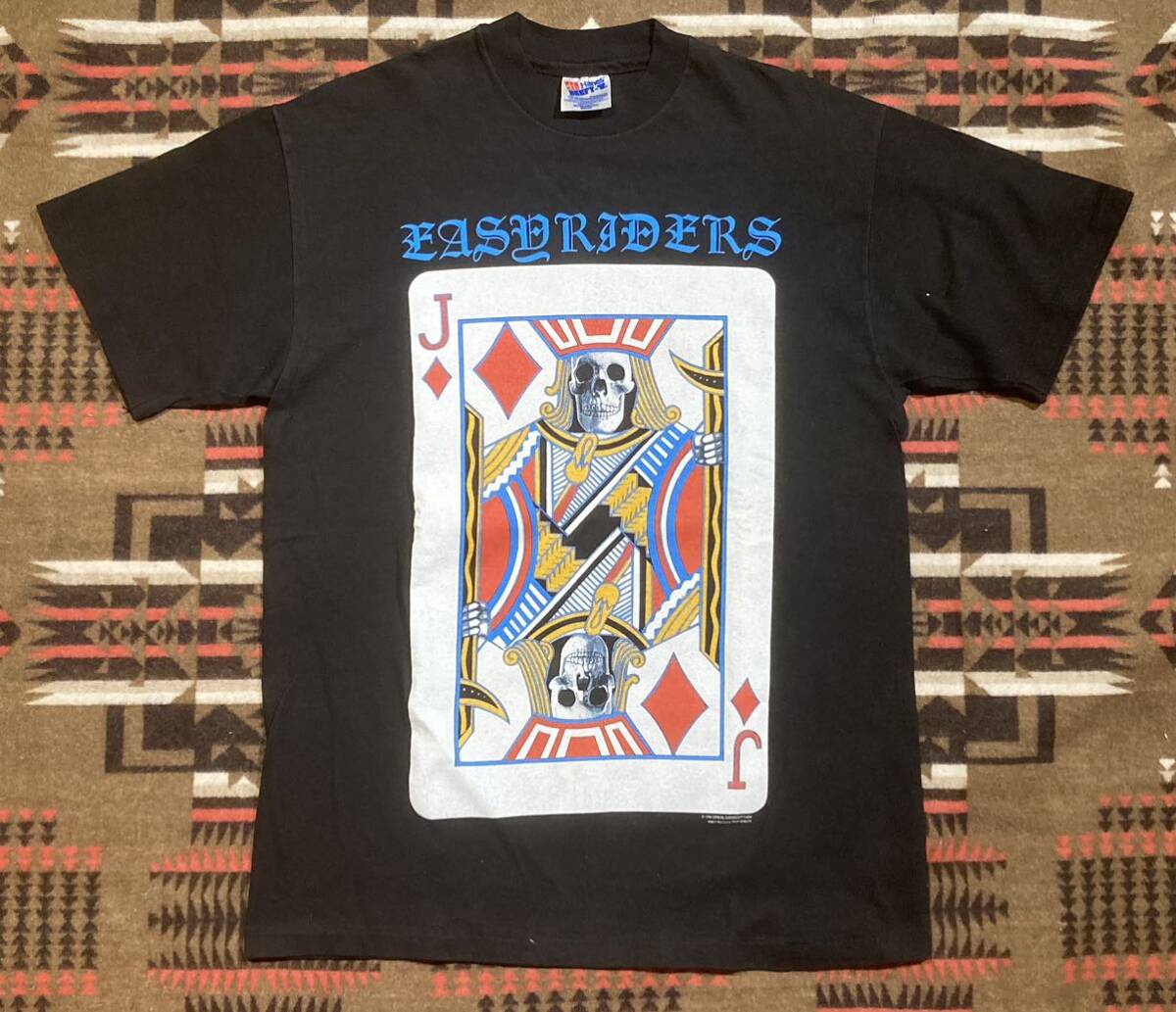 貴重オフィシャル オリジナル90s90年代ビンテージ EASYRIDERSイージーライダース スカル骸骨ボーンズTシャツMトランプ柄z356拍卖