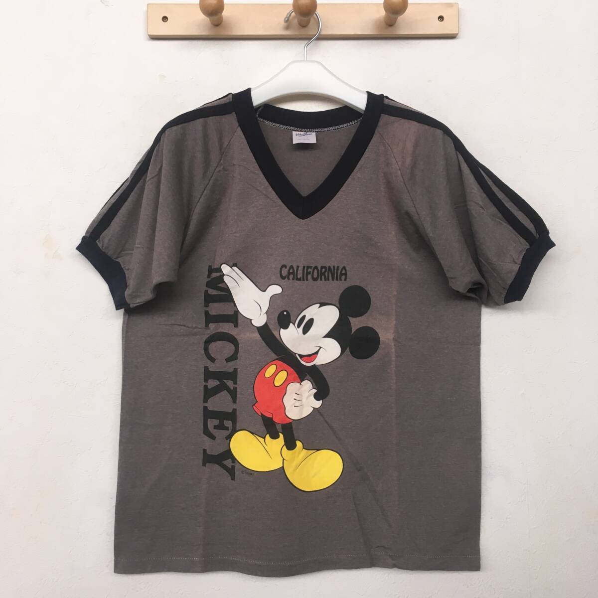 Velva Sheen ベルバシーン 90's USA製 未着用 Vネック ミッキーマウス 半袖リンガーTシャツ グレー系 size L拍卖