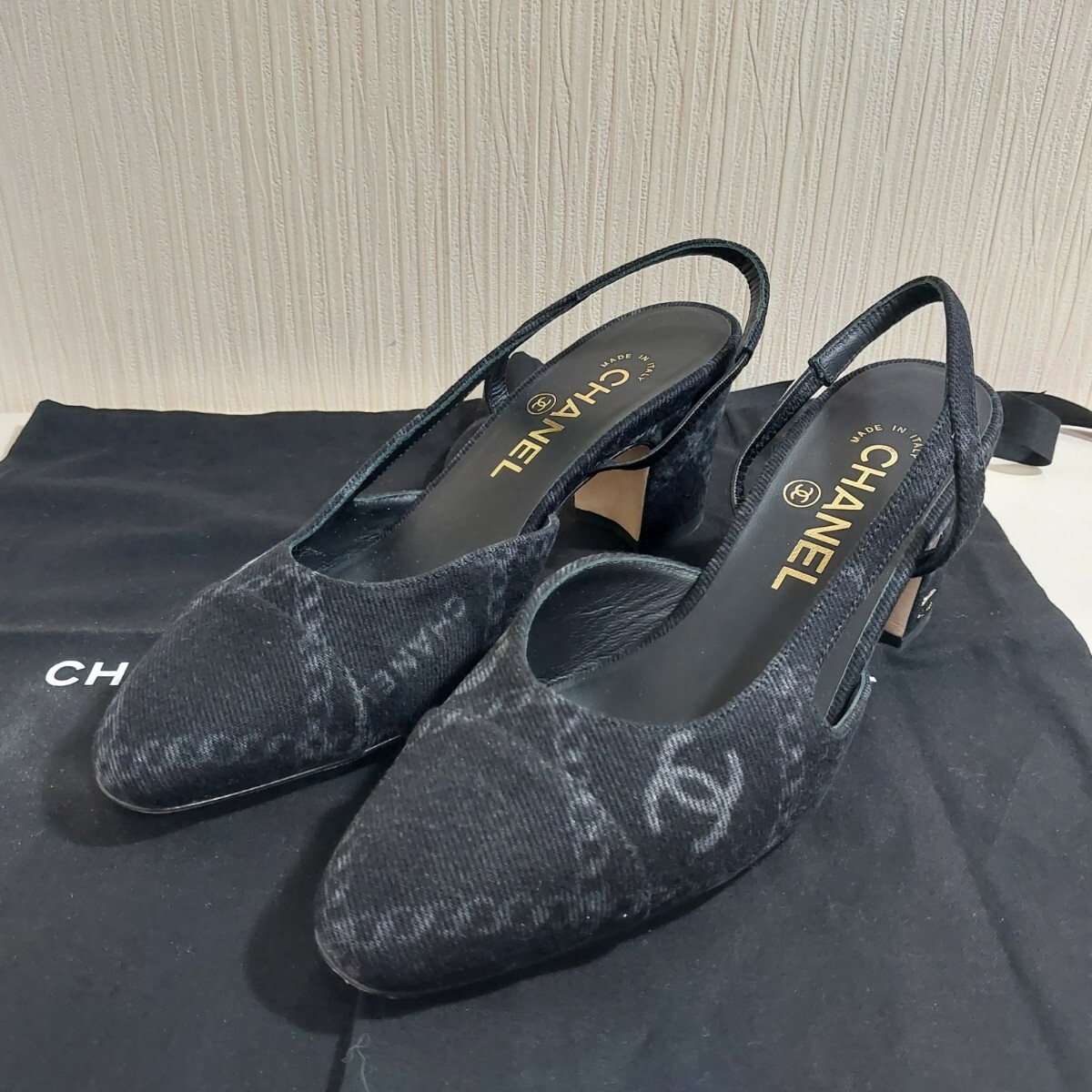 シャネル ココマーク スリングバック パンプス チャンキーヒール サンダル デニム ブラック G31318 #36C拍卖