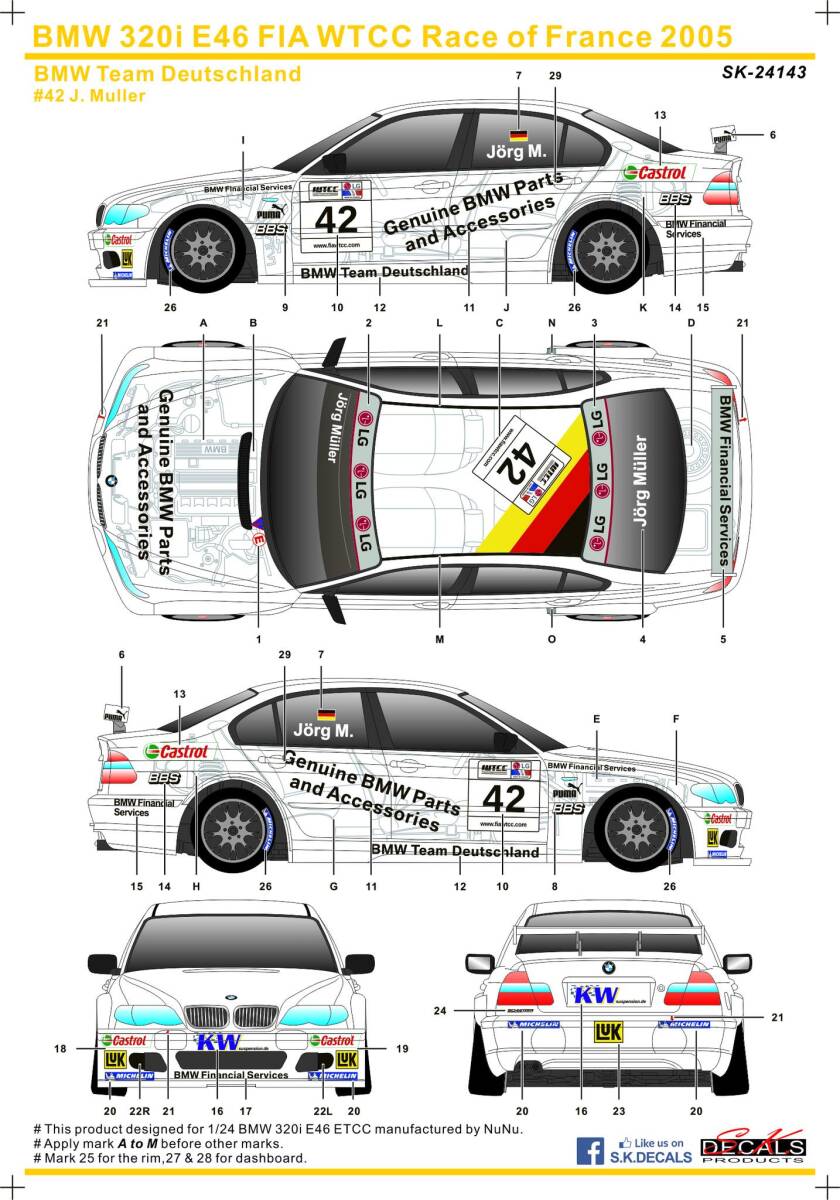 S.K.DECALS SK24143 1/24 size BMW320i E46 FIA WTCC Race of France 2005 シルクスクリーンデカール拍卖
