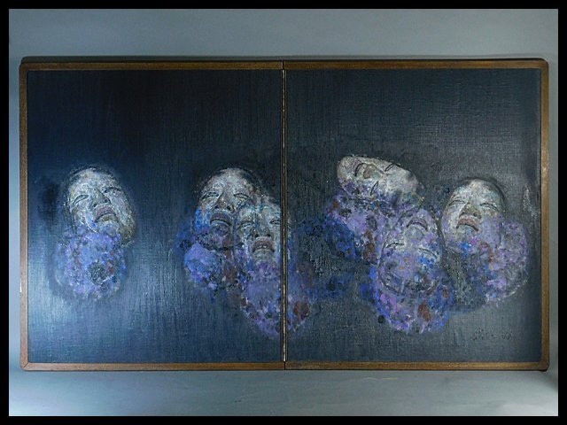 和気史郎 婉(能面)布に油彩 二枚折 屏風 共シール 画面サイズ 縦横90.2×157.5cm(80号大)特注品 旧家整理品 OK5385拍卖