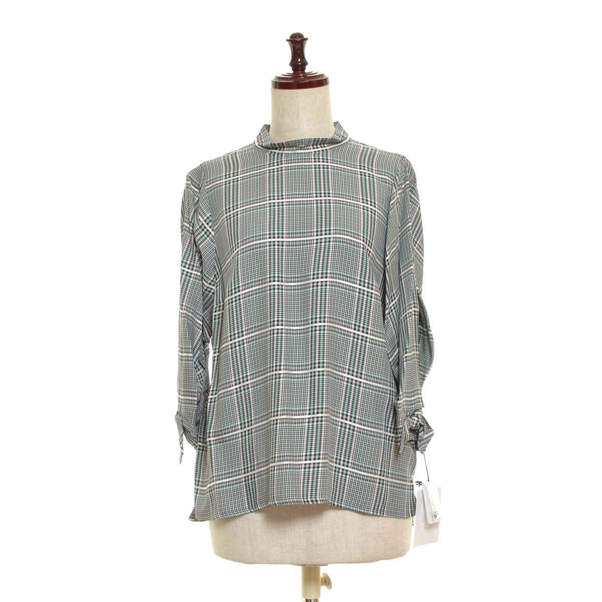 □393782 未使用品 Akiki アキキ ◯プルオーバーカットソー ブラウス 七分袖 パフスリーブ 2019 レディース 日本製 グリーン チェック拍卖