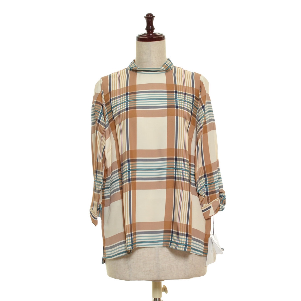 □393765 未使用品 Akiki アキキ ◯プルオーバーカットソー ブラウス 七分袖 パフスリーブ サイズF レディース 日本製 ブラウン チェック拍卖