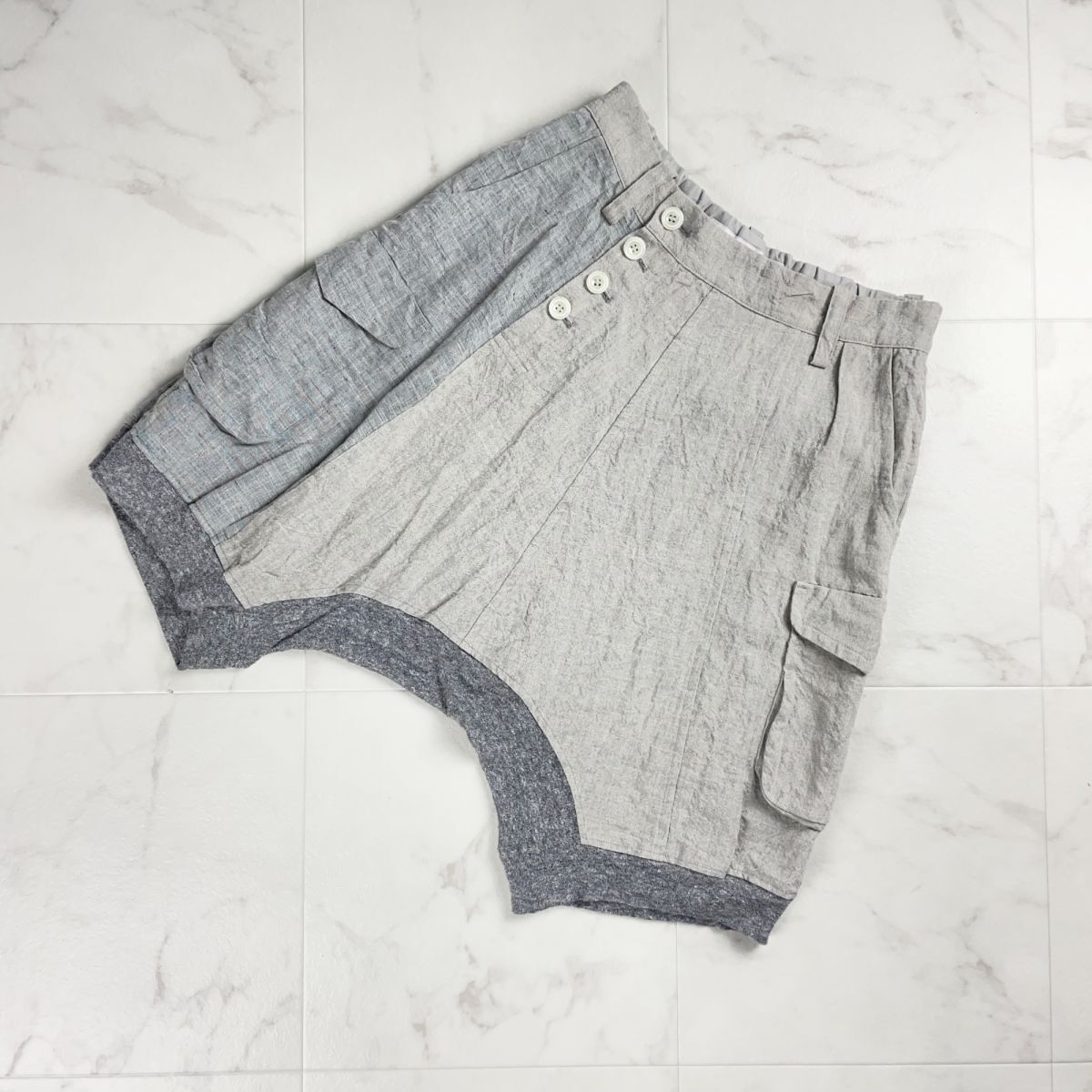 美品 FERAL FLAIR フィラルフレア リネン100% 切替サルエルショートパンツ ボトムス レディース ベージュ サイズ3*QC109拍卖