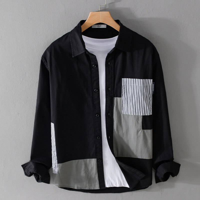 完売◆長袖シャツ メンズ 白シャツ コットンシャツ 切替 ストライプ柄 春夏秋 超希少 心地良し カジュアル 柔らか お洒落 黒 M~3XL拍卖