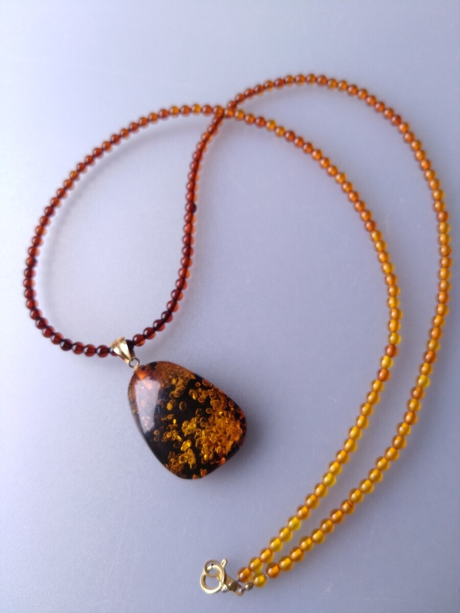 K18 天然琥珀 アンバー 美しいグリッター グラデーションカラーペンダントネックレス 18金 アンバー アクセサリー拍卖