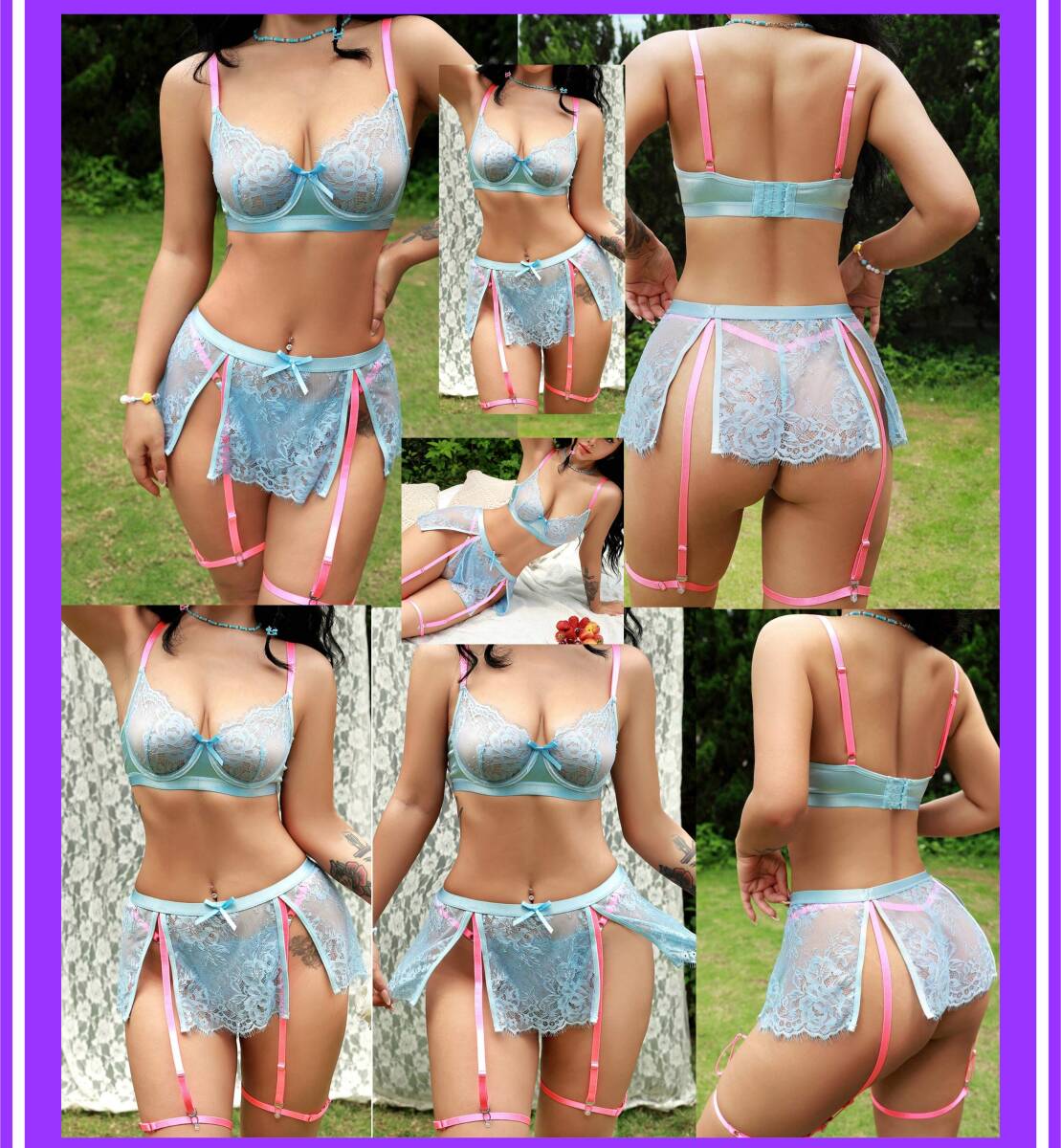 ★超素敵★ガーターランジェリーセット★アンダーワイヤー★ガータベルトデザインがとってもオシャレ★大人可愛い★サテン★レース★E148拍卖