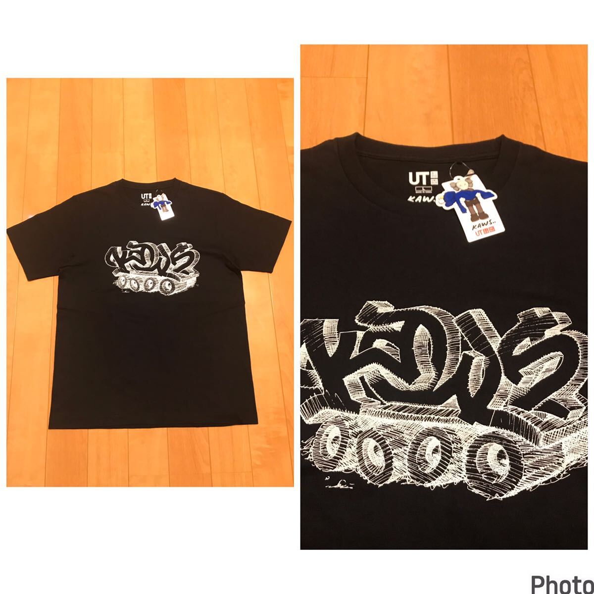 新品未使用デッド品☆廃番.KAWS×UNIQLO.希少!カウズコラボ メンズサイズ L 半袖ブラックTシャツ 希少ビンテージ風シングル縫い!BIGロゴ!拍卖