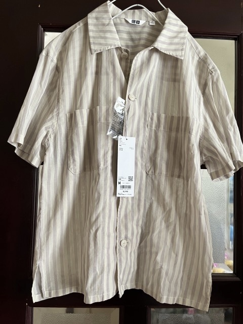 新品UNIQLO UユニクロシアーコットンストライプシャツM拍卖