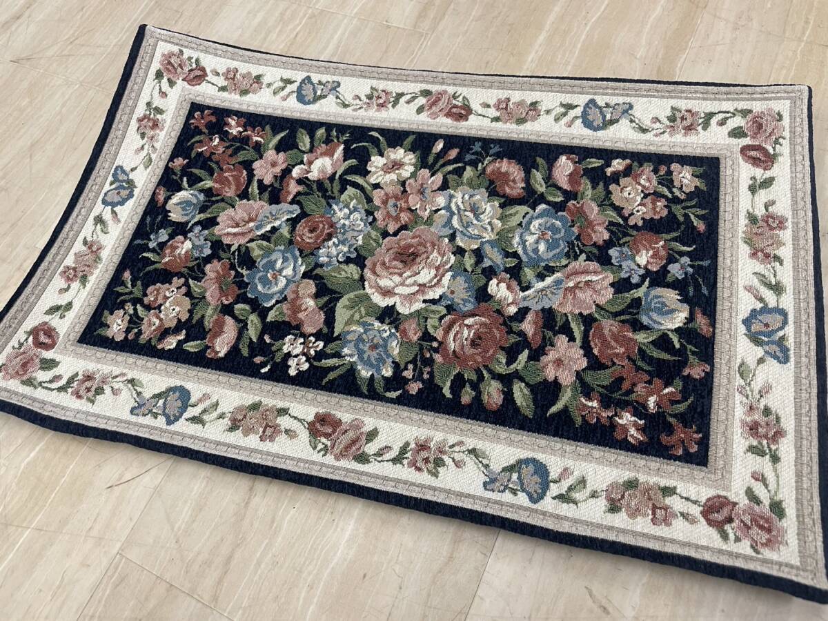 アンティーク 刺繍 ネイビー フラワー 玄関マット 80 50 マット ラグ 敷き物 カーペット 小さめ キッチンマット フロアマット 花拍卖