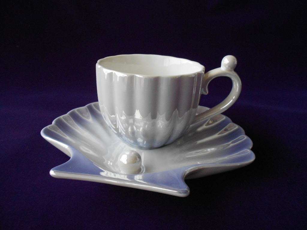 ティータイム! ☆パープルシェル・コーヒー碗皿☆ 新品 コーヒー 紅茶 ミルク ラテ エスプレッソ カプチーノ ギフト拍卖