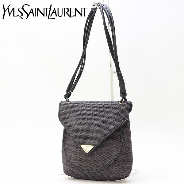 ヴィンテージ◆Yves Saint Laurent イヴサンローラン PVC×レザー 裏地ロゴ総柄 ゴールド金具 肩掛け 斜め掛け ショルダー バッグ拍卖