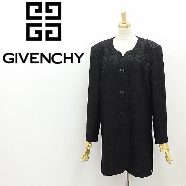 ヴィンテージ◆GIVENCHY ジバンシィ シルク混 総柄 ノーカラー コート 黒 ブラック 42拍卖