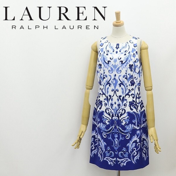 美品 国内正規品◆RALPH LAUREN ラルフローレン ストレッチ 総柄 ノースリーブ ドレス ワンピース ホワイト×ブルー 2拍卖