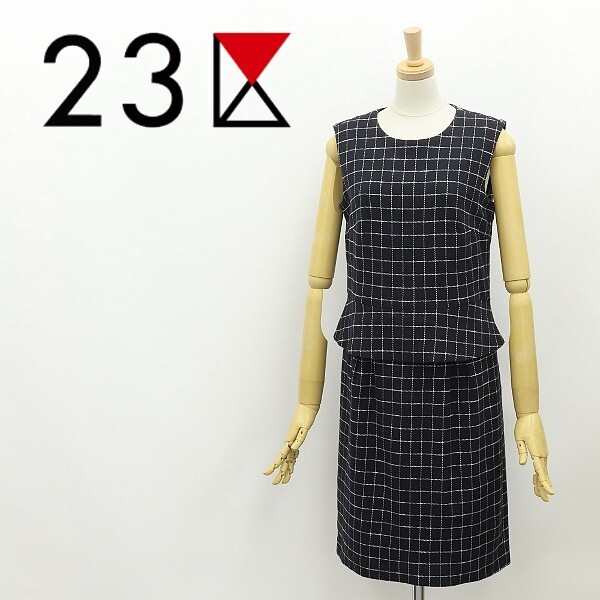 新品◆23区 ストレッチ チェック柄 コットン ペプラム ノースリーブ ワンピース 黒 ブラック×ホワイト 40拍卖