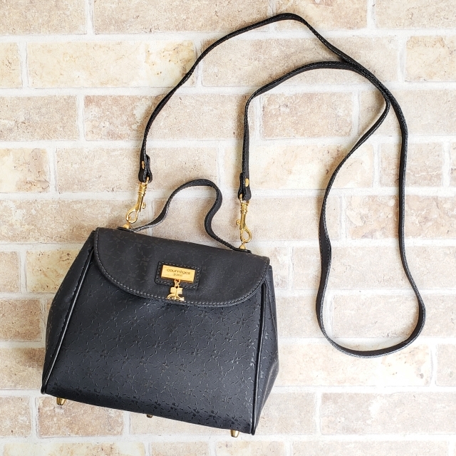 クレージュ courreges ヴィンテージ ロゴデザイン 2WAY ショルダーバッグ フランス製 底鋲付 黒 ブラック ハンドバッグ拍卖