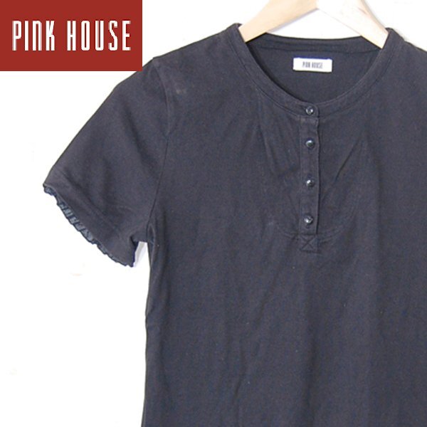 ピンクハウス PINK HOUSE■半袖カットソー ハーフボタン フリル/日本製■M■ブラック ※KH4529038拍卖