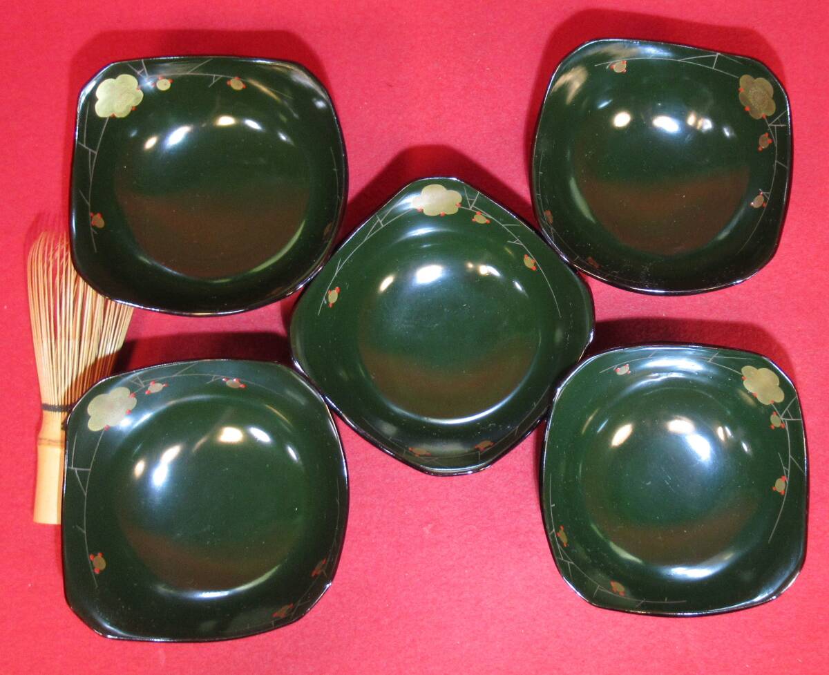 『木製翠漆梅蒔絵小鉢5客まとめて』①向付(10,5㎝四方×高さ5,5㎝)拍卖