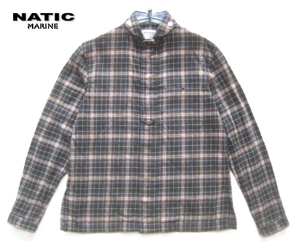 日本製!!マリンユニフォーム MARINE UNIFORM NATIC*セーラーカッティング 丸襟 チェック柄長袖シャツ M 白×茶×黒系 ナティック拍卖