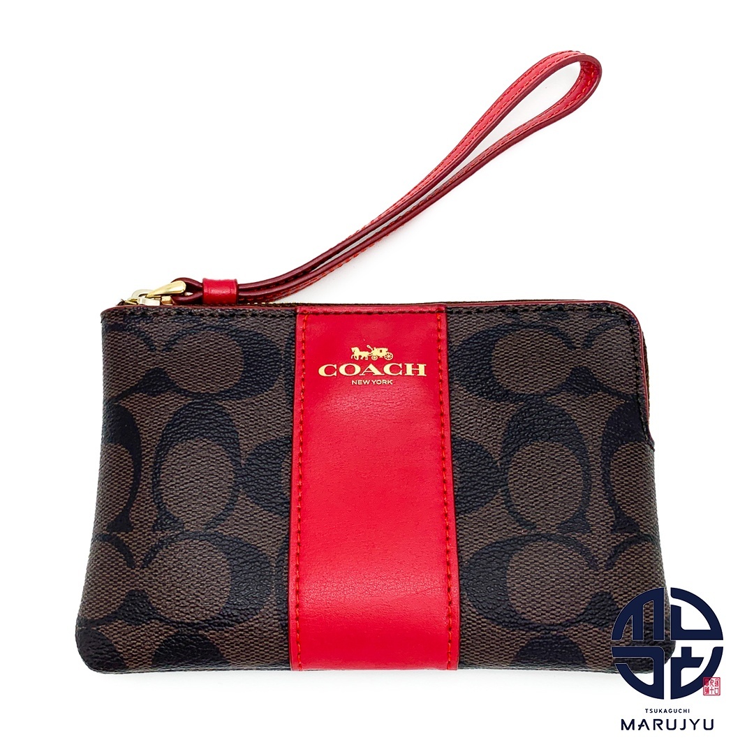 COACH コーチ ブラウン系 茶 レッド 赤 シグネチャー リストレットポーチ F58035 ポーチ 小物 ブランド※ポスト投稿でのご発送になります。拍卖