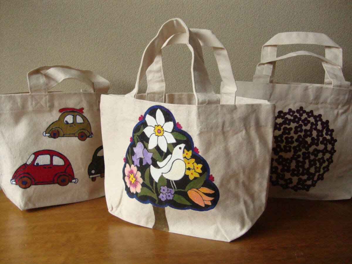 新品 ハンドペイント 手書き イラスト 帆布 キャンバス バッグ 3点セット 生成り 車 アジサイ 鳥 花 コットン トート ハンドメイド拍卖