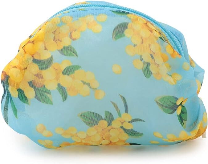 フェイラー FEILER ミモザソラーレ オーガンジー ポーチ ブルー地 ミモザ柄 軽い 新品未使用タグ付き 拍卖