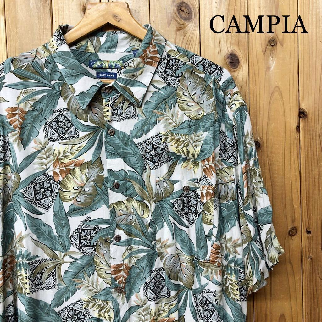 CAMPIA*EASY CARE メンズXXL アロハシャツ レーヨンシャツ 半袖 柄シャツ リーフ柄 胸ポケットあり 涼感 アメカジ ハワイアン USA古着拍卖