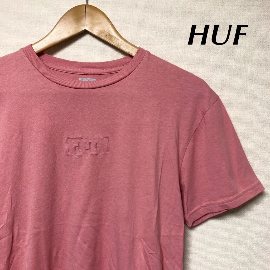 USA製 /HUF /ハフ /メンズS 半袖 Tシャツ トップス ロゴ刺繍 コットン100% ピンク シンプル カジュアル 古着拍卖