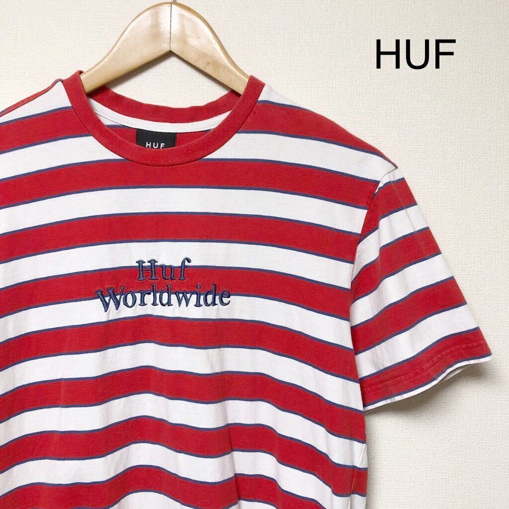 HUF /ハフ /メンズM 半袖Tシャツ ボーダー トップス ロゴ刺繍 赤×白 コットン100% カジュアル 古着拍卖