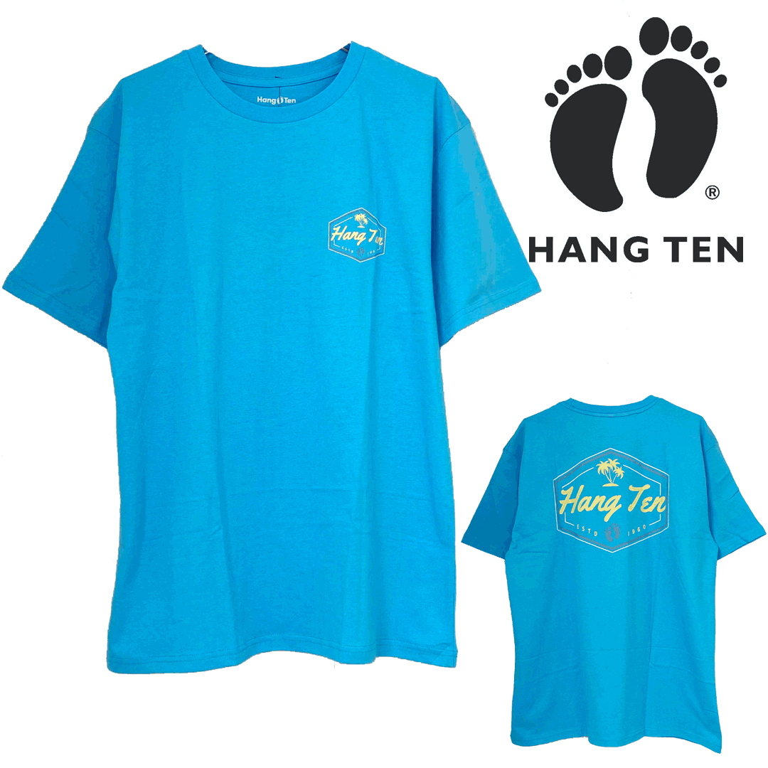 新品 S ★ Hang Ten ハンテン メンズ 半袖 Tシャツ ブルー ロゴ バックプリント ターコイズ イエロー レディース ユニセックス 男女兼用拍卖