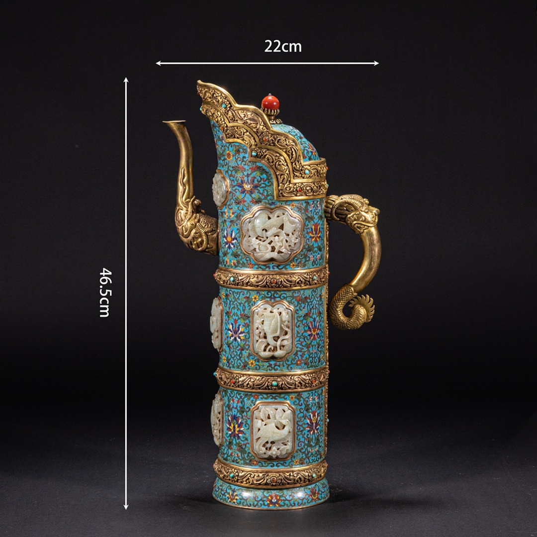 古銅芸 中国・清時代 七宝焼 【景泰藍嵌玉多穆壷】 絲琺瑯僧帽壺 銅器 玉器 宮廷旧蔵 文房置物 古賞物 唐物 古美術 LT-24671拍卖