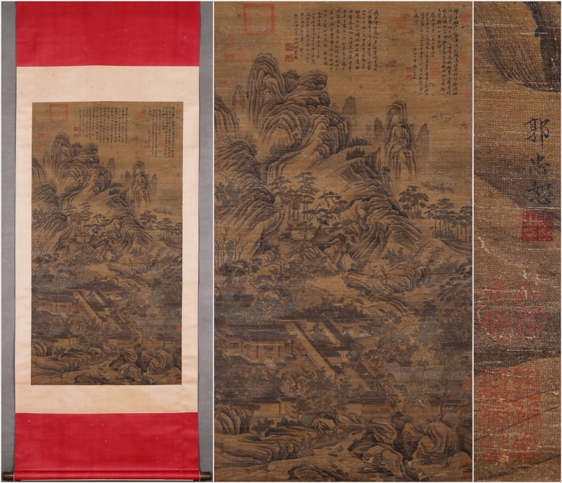 古美術 掛け軸 中国・宋時代 「郭忠恕書」 絹本 【秋隠楼宇図】 立軸 書道 巻き物 真筆逸品 肉筆保証 唐物 古画 LT-24762拍卖