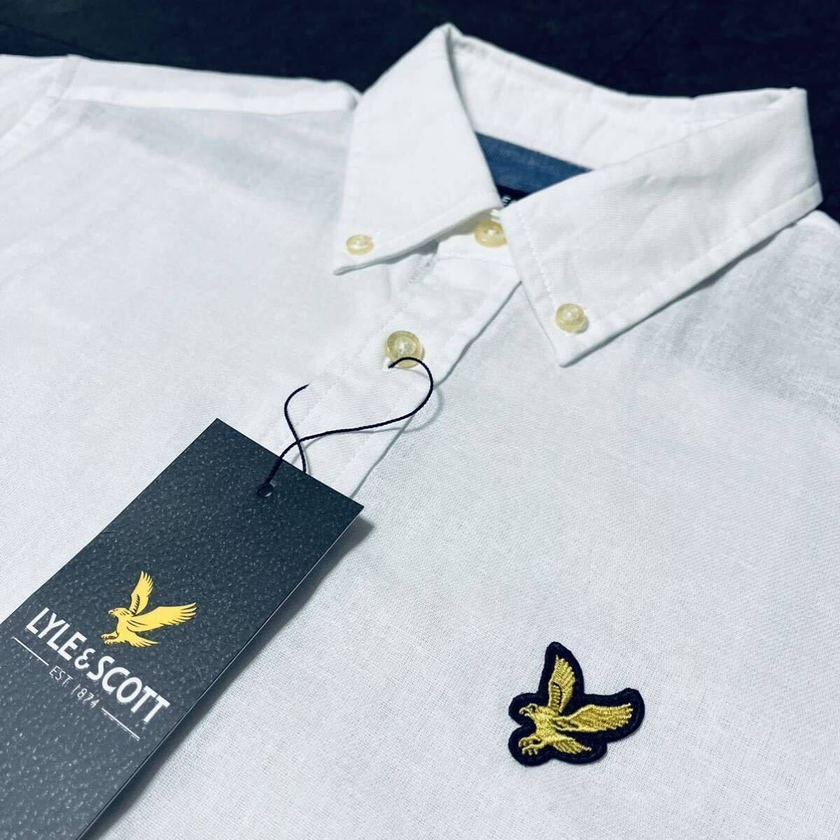 Lサイズ ライルアンドスコット 半袖 シャツ メンズ 新品 ワンポイント ワッペン 春夏 薄手 ホワイト 白 ボタンダウン 綿100% 送料無料拍卖