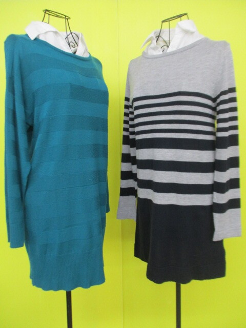 【お買得】★Ganiel★襟レイヤードロング丈ニット2点セット ①緑系 ②グレー×黒/ボーダー柄 Mサイズ 重ね着風拍卖