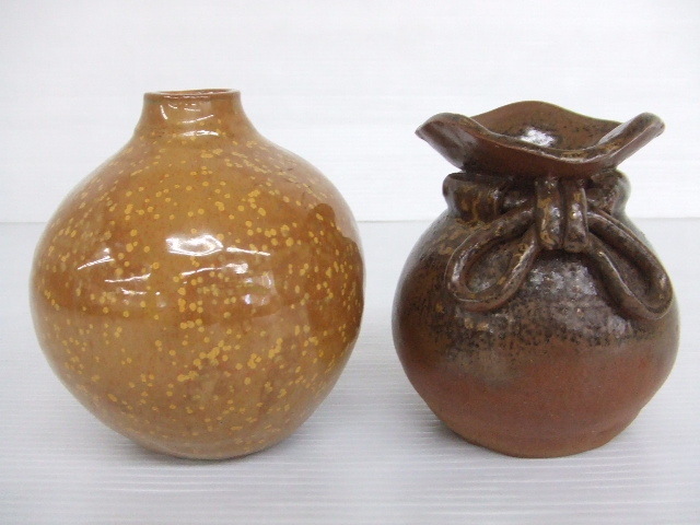 【お買得】★つぼ型花器2点セット★①斑点模様 ②紐飾り風 茶系/陶器/和風/インテリア/花瓶拍卖