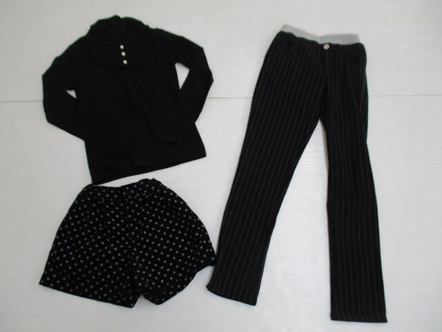 【お買得】★黒系女の子服3点セット★①sue/長袖カットソー ②GU/ショートパンツ/ドット ③長ズボン/ストライプ 150~160サイズ 拍卖