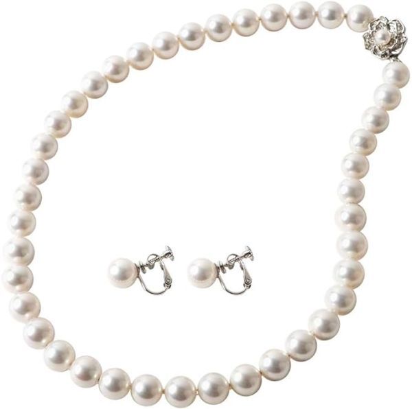 まつよ 花珠貝パール 真珠 10mm 結婚式 冠婚葬祭 卒業式 入学式 アクセサリー 42cm イヤリング セット【ホワイトカラー/差込式留め具】拍卖