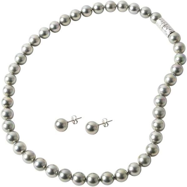まつよ 花珠貝パール 真珠 9mm 結婚式 冠婚葬祭 卒業式 入学式 アクセサリー 45cm ピアスセット【グレーカラー/マグネット式】拍卖