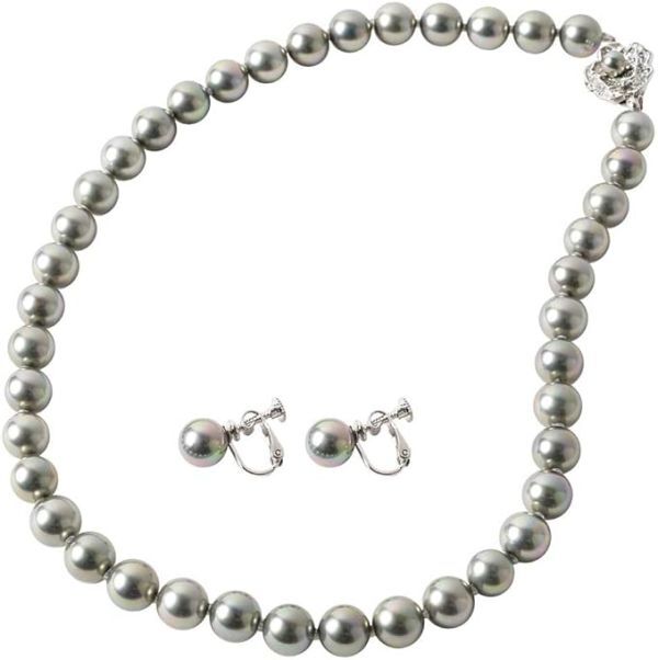 まつよ 花珠貝パール 真珠 9mm 結婚式 冠婚葬祭 卒業式 入学式 アクセサリー 45cm イヤリング セット【グレーカラー/差込式留め具】拍卖