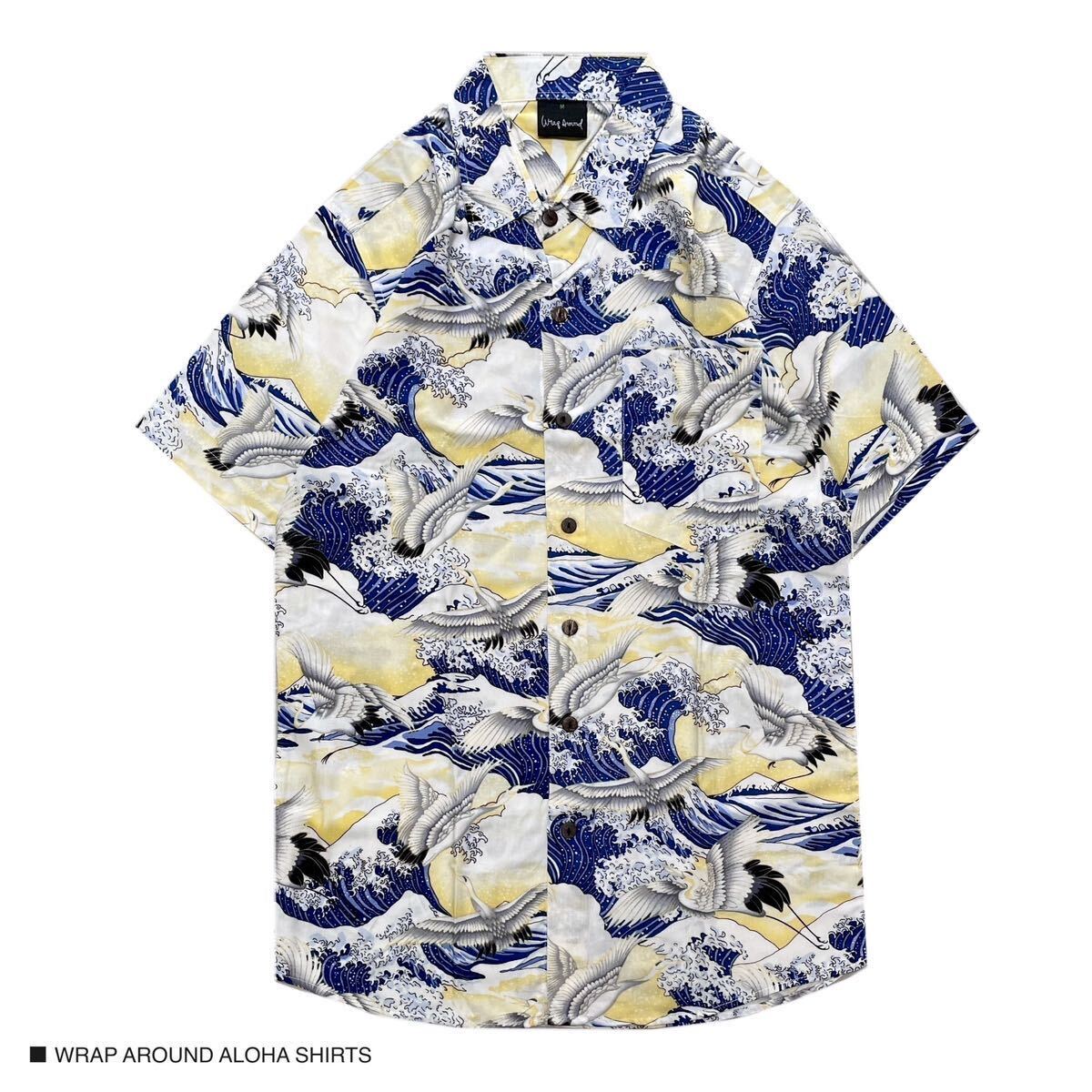 和柄 鶴 波 半袖 アロハシャツ アロハ 総柄 Mサイズ拍卖