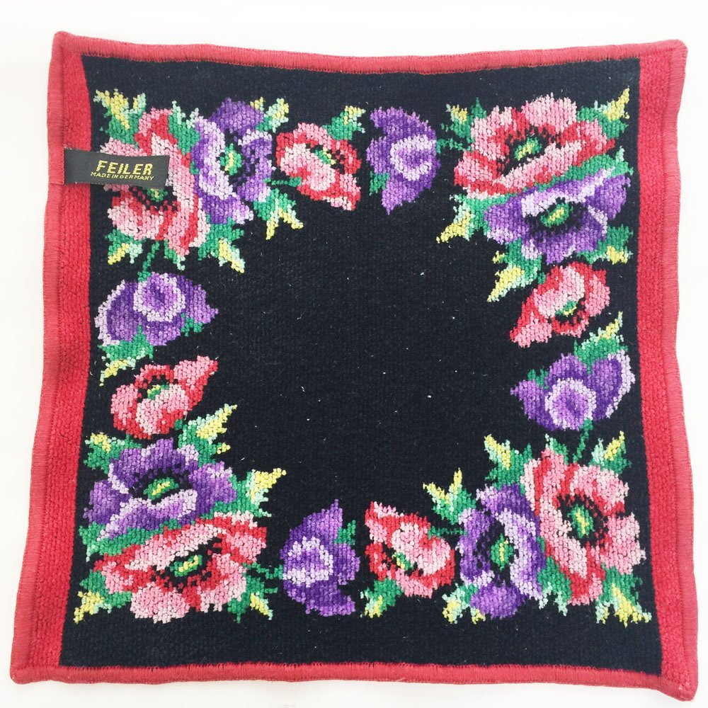 ◆FEILER フェイラー 花柄 タオルハンカチ シェニール織 レディース 25cm ブラック×ピンク×レッド×パープル コットン ドイツ製6BC/91677拍卖