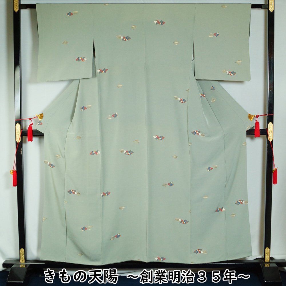 難有品 小紋 切れ箔模様 千草鼠色系 ちりめん Sサイズ 小紋 中古 リサイクル小紋 リサイクル 着物 京都きもの天陽拍卖