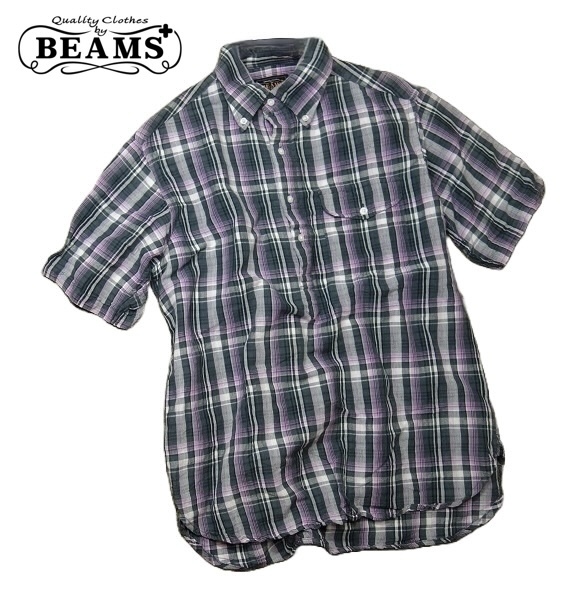 TK 『送料込み』 美品 ビームス プラス 『雰囲気◎インディアンマドラス』 半袖 ボタンダウンシャツ S 綿 麻 リネン混 BEAMS PLUS拍卖
