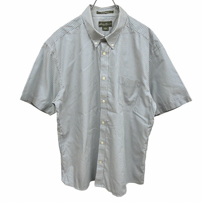 エディーバウアー Eddie Bauer シャツ ストライプ ボタンダウン 胸ポケット 半袖 綿100% XL LL ブルー 青×イエローカーキ メンズ拍卖