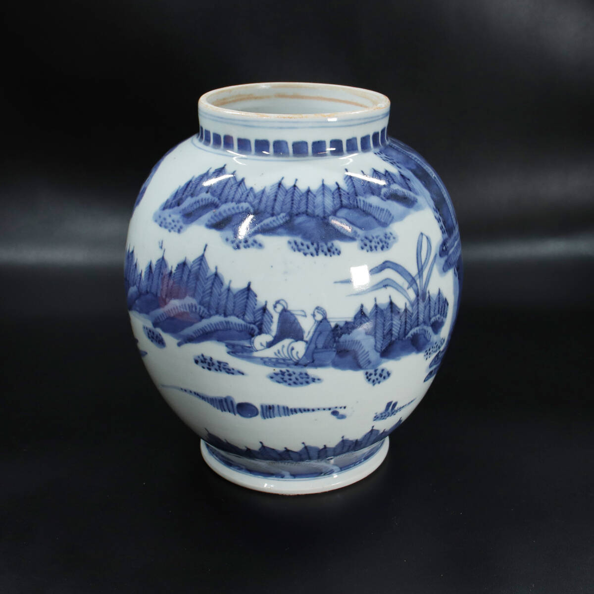 江戸前期/藍九谷 染付 山水人物文 壺 <240507031>拍卖